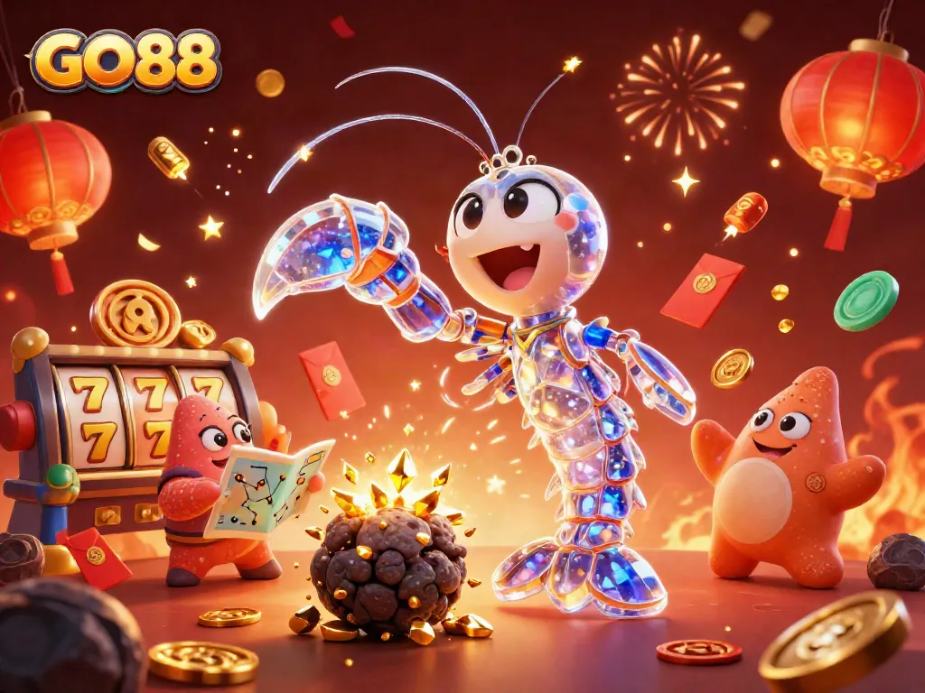 Experience the excitement of GO88 with a galactic mantis shrimp breaking through asteroids, surrounded by vibrant casino elements.