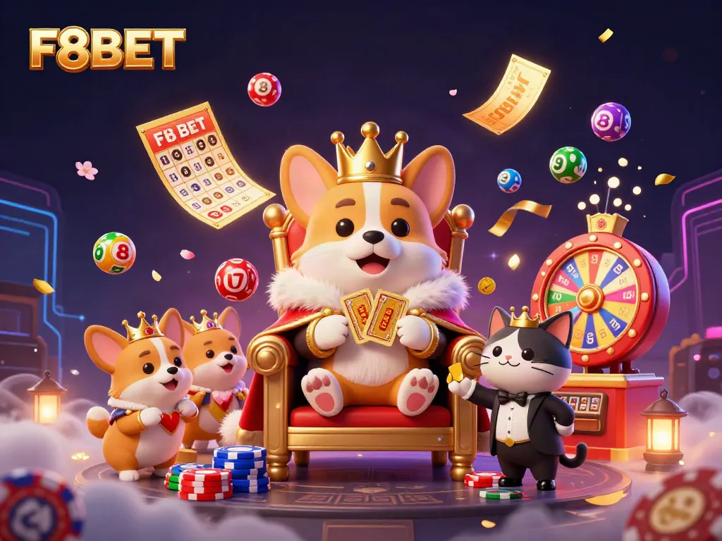 Experience F8BET's excitement with a royal corgi surrounded by dynamic lottery elements and casino rewards.
