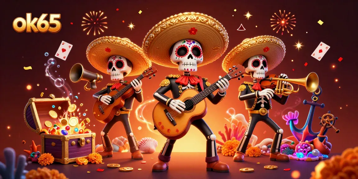 Engage with the vibrant ok65 casino scene featuring a festive mariachi band amidst swirling playing cards.