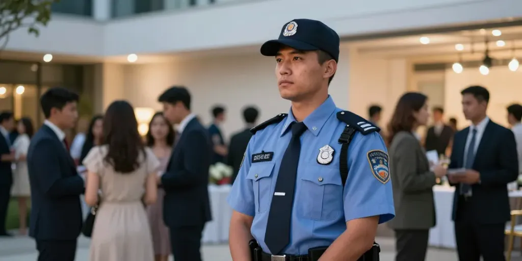Security Guard maintaining safety at a corporate event, reflecting community trust.