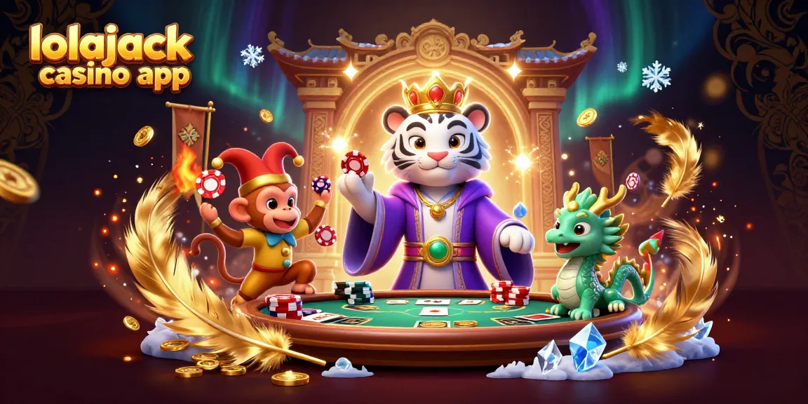 Experience the excitement of lolajack casino app with vibrant characters juggling poker chips and gold coins.
