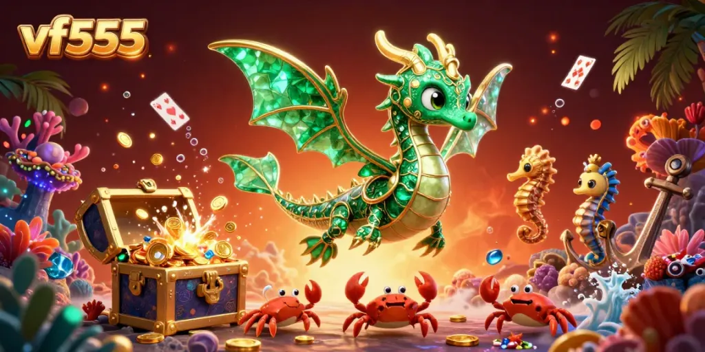 Experience fun wins at vf555 with a majestic sea dragon and underwater treasures in this vibrant digital artwork.