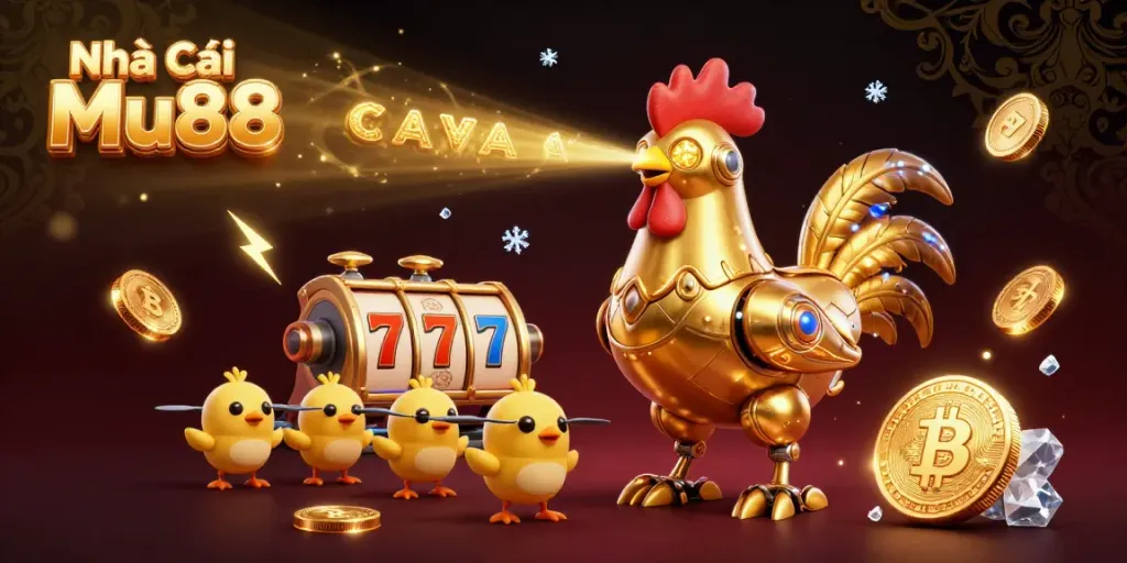Experience thrilling slots action with Nhà Cái Mu88's golden rooster robot and charming chick drones.