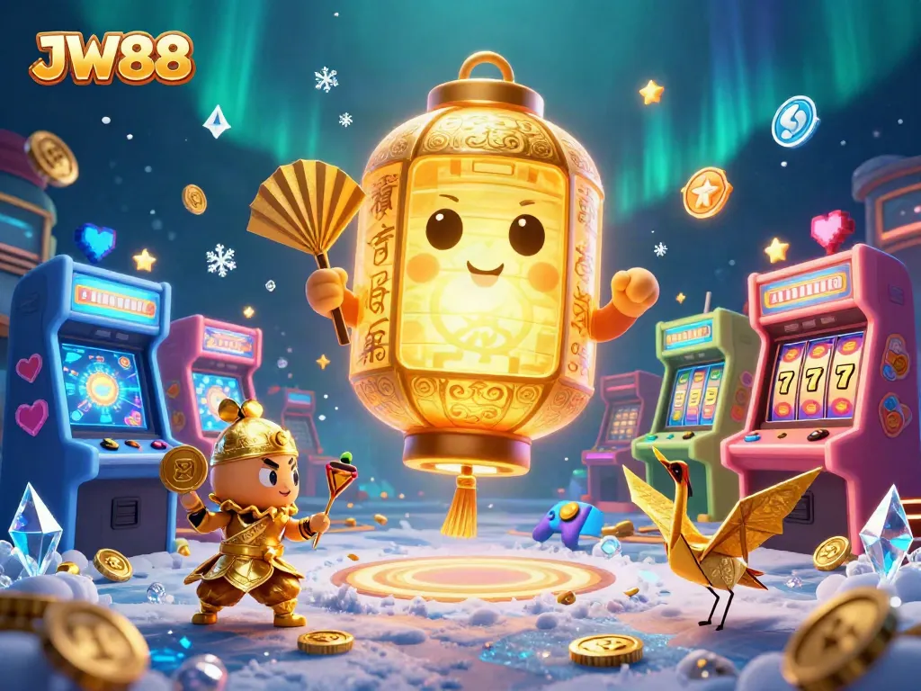 Engage in thrilling gaming at JW88 with the vibrant golden lantern spirit illuminating a dynamic casino atmosphere.