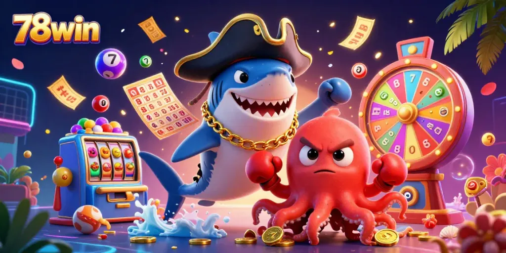 Engage with 78win's exciting lottery scene featuring vibrant characters and dynamic game elements.