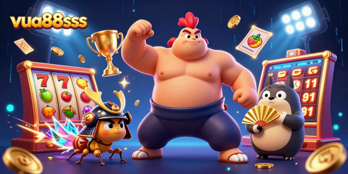 Engaging gameplay at vua88sss with a dynamic scene of a sumo rooster, samurai cricket, and tanuki announcer.