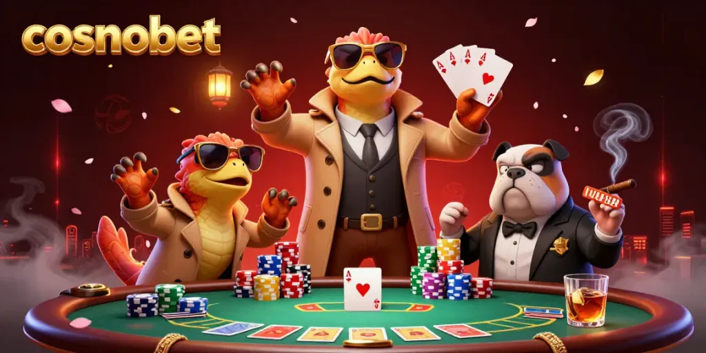 Play poker with cosmobet's themed characters, showcasing a humorous scene of raptors in a casino.