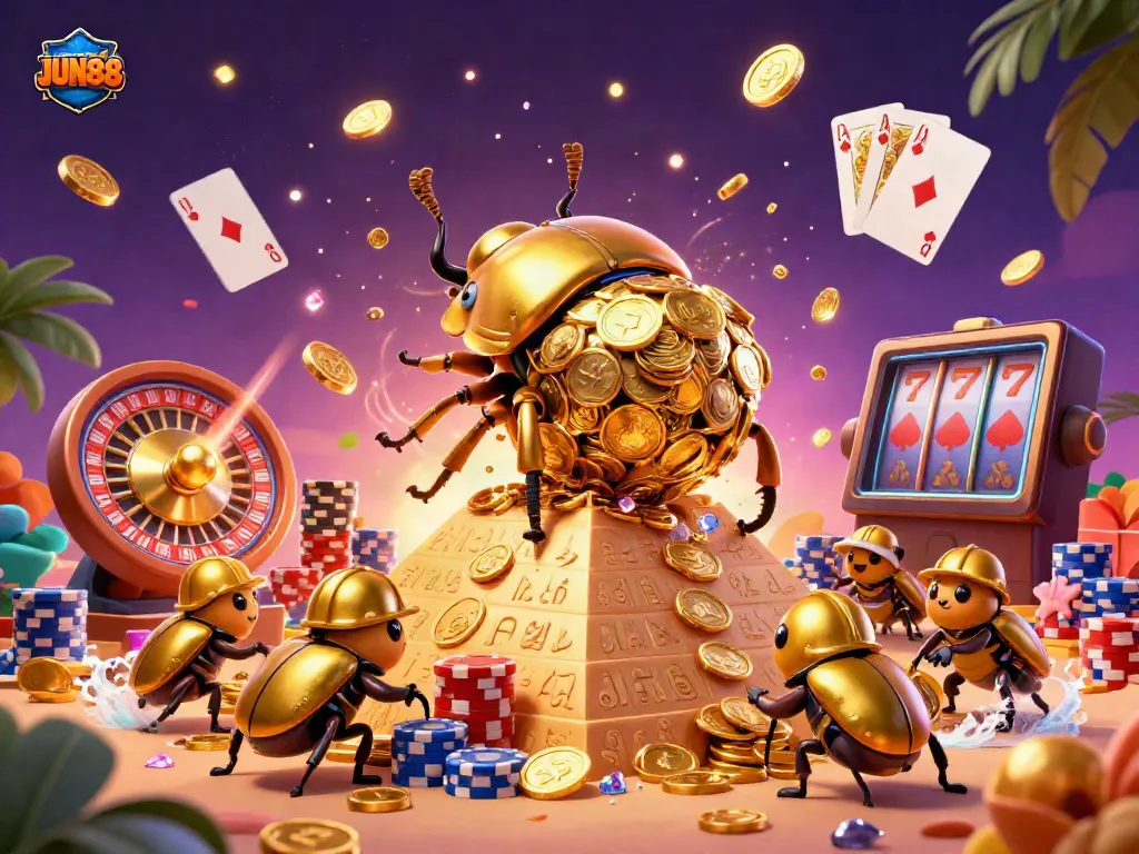 Experience JUN88 as a cartoon dung beetle rolls golden coins in a vibrant casino scene filled with excitement.