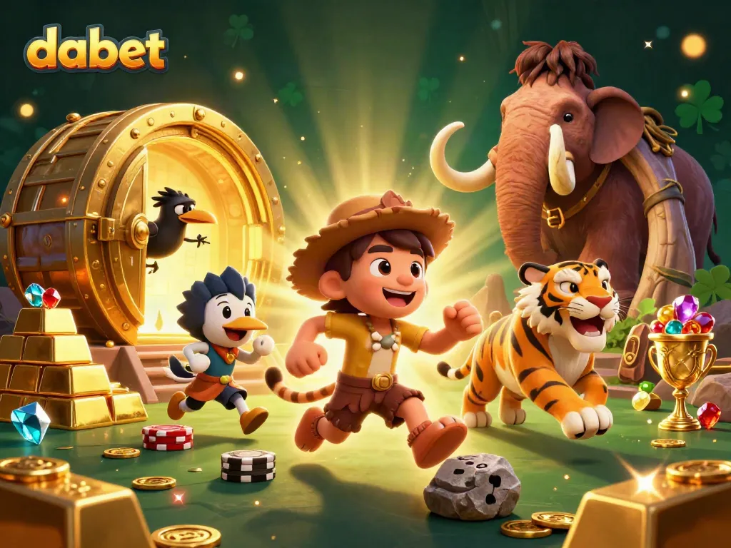 Dabet brings prehistoric casino excitement with vibrant cavemen and chest of treasures.