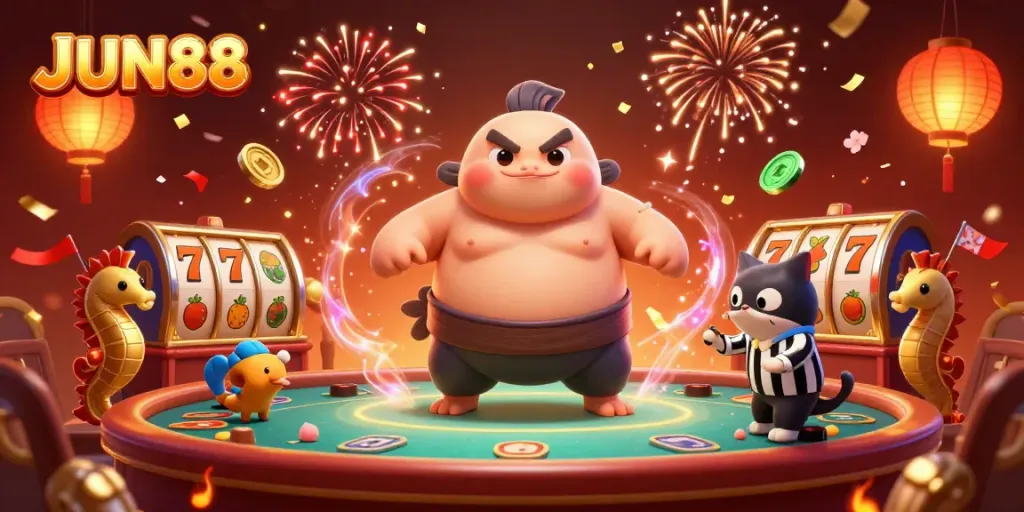 Experience the thrilling undersea JUN88 casino with joyful fugu and seahorse spectators amidst dynamic slot game excitement.