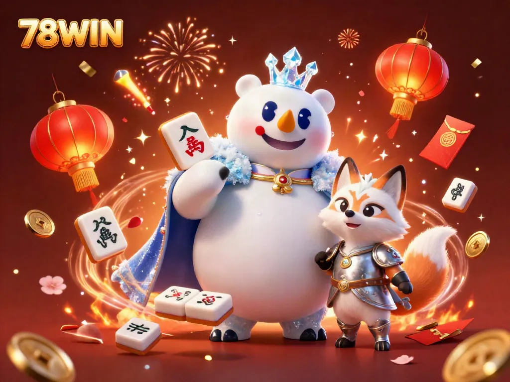 Experience 78WIN's vibrant casino atmosphere with a joyful ice king and snow fox amid festive gambling symbols.