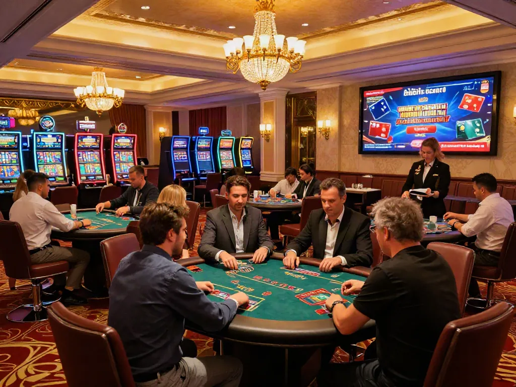 Players enjoying games at casinos that take credit cards, surrounded by a luxurious setting with vibrant lighting.