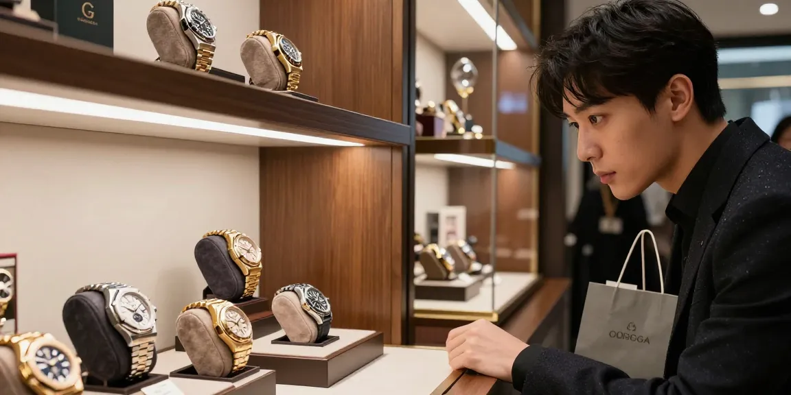 Person admiring high-quality replica watches in a luxurious boutique setting.