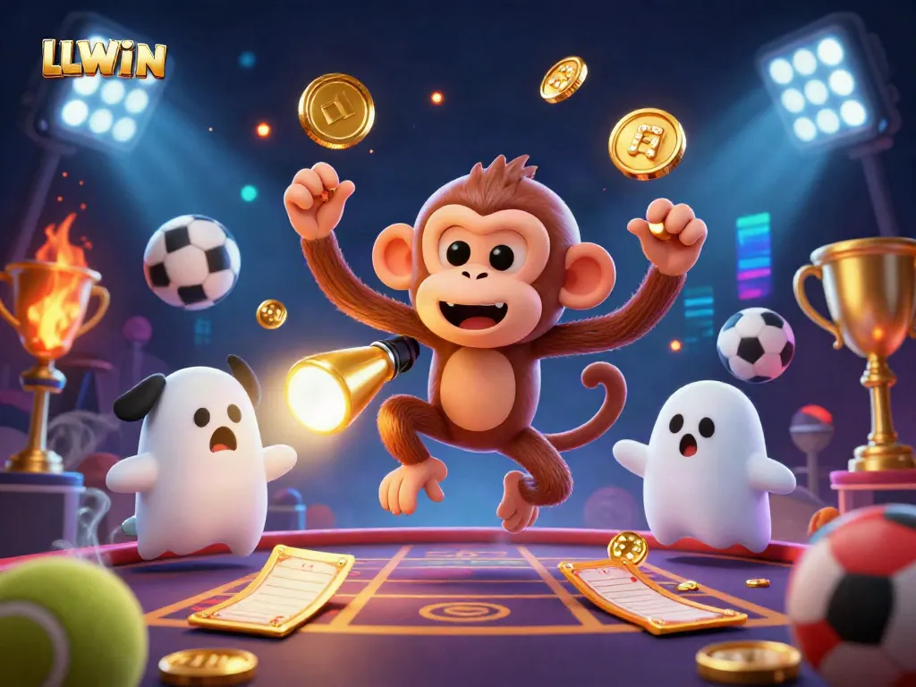 Experience thrilling gameplay as LLWIN's playful poltergeist monkey juggles golden casino elements in action.