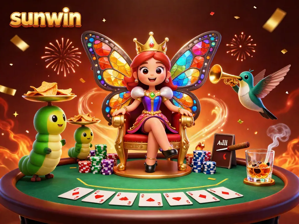 Experience vibrant sunwin gaming with a butterfly queen and poker motifs, celebrating victory.