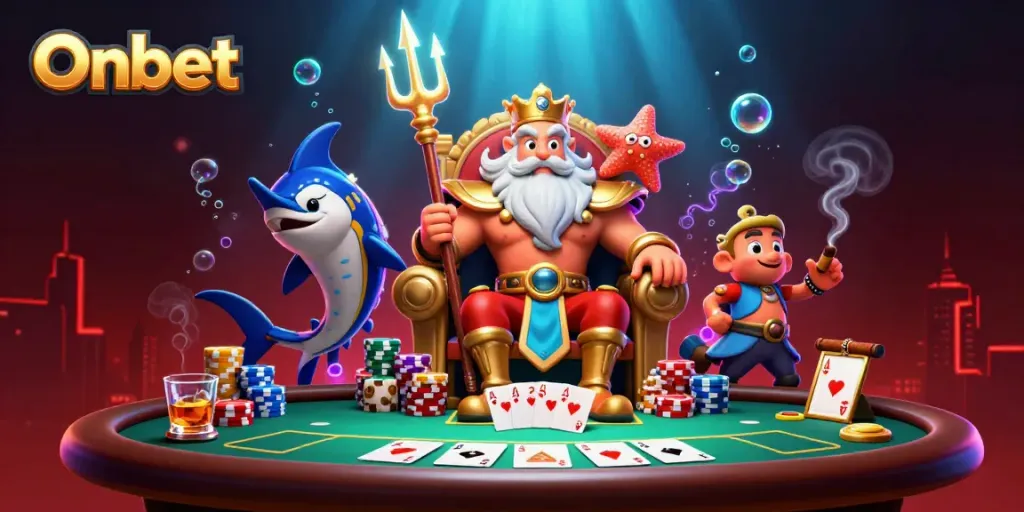 Experience Onbet's dynamic casino world with Neptune and vibrant poker elements