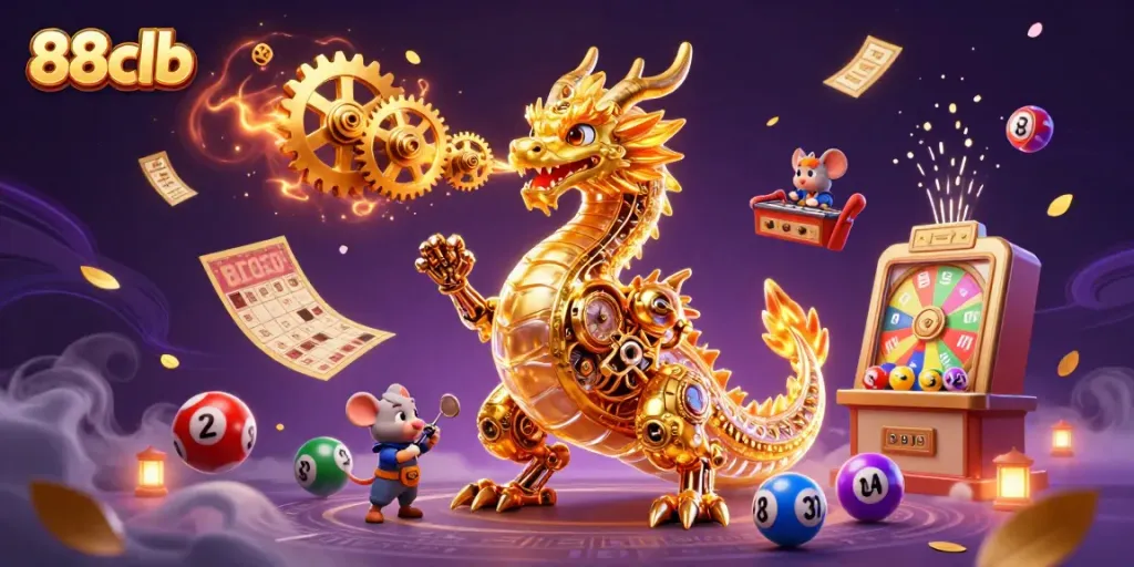 88clb showcases a golden dragon with clockwork details amidst vibrant gambling elements, perfect for online casino promotion.