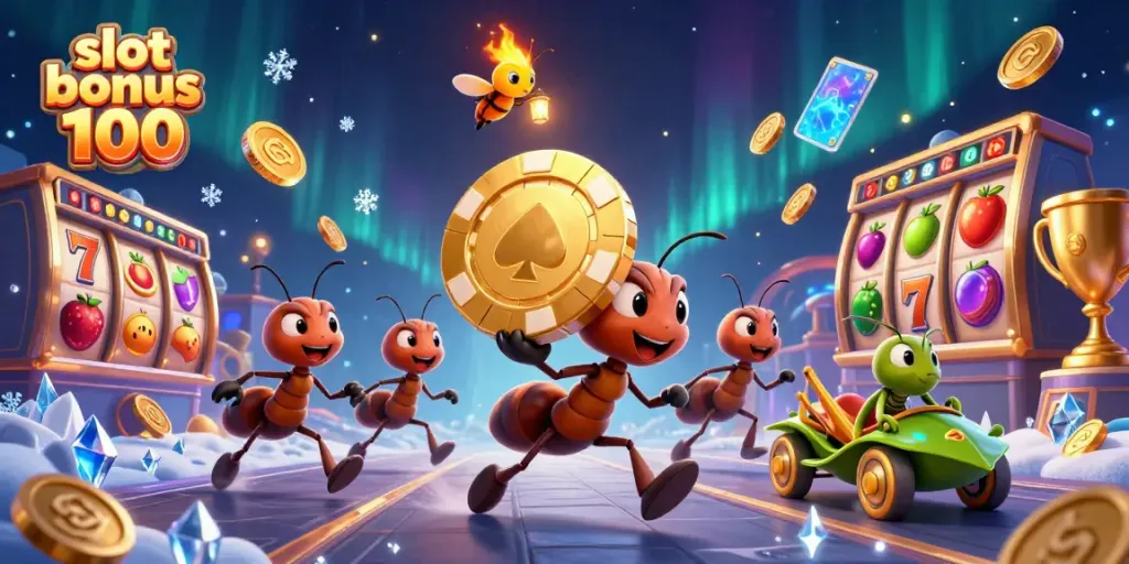 Engaging 3D cartoon illustration showing slot bonus 100 themed heist by ant characters, vibrant casino elements scattered around.