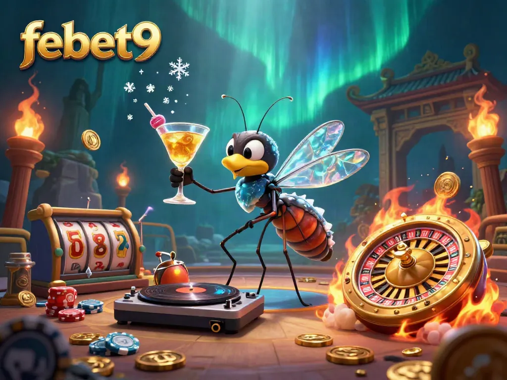 Experience casino excitement with febet9 featuring an amber mosquito mascot, trilobite DJ, and golden roulette elements.