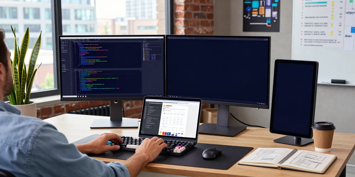 Developer utilizing instant indexing tools at a modern workspace with code displays and technical documentation.