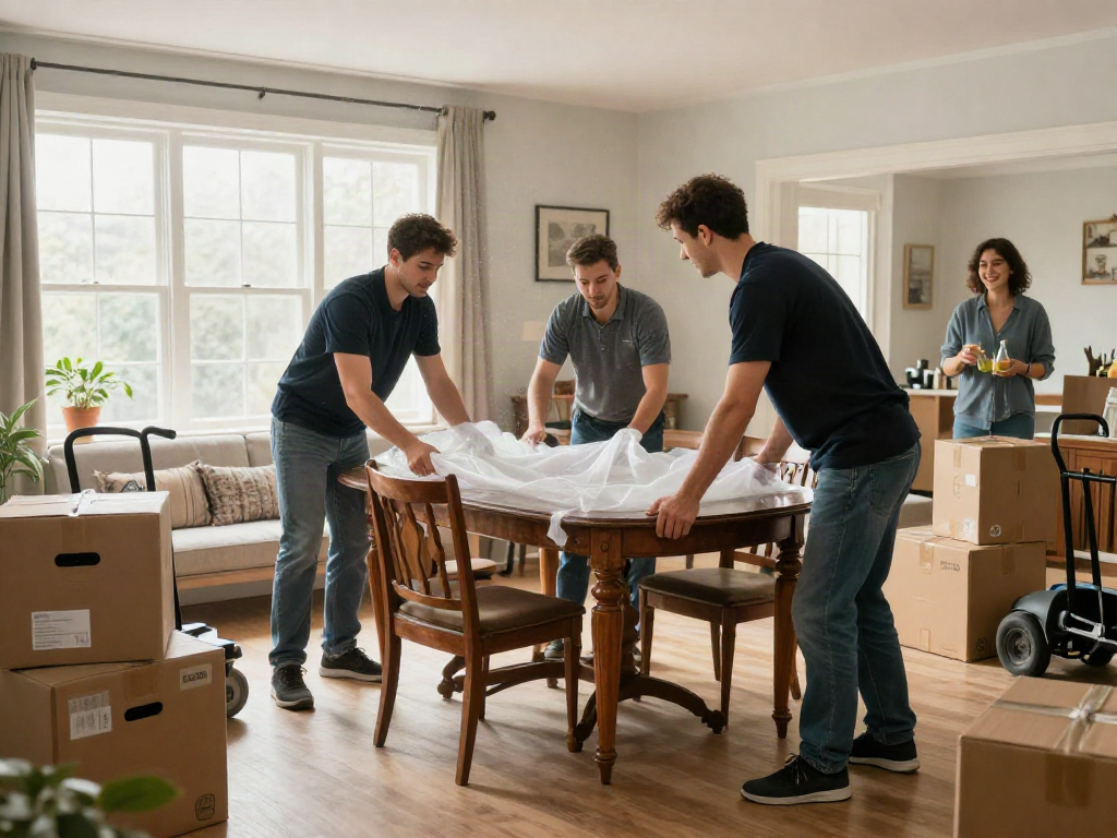 House movers Loton packing a wooden table in a bright living room during a move.
