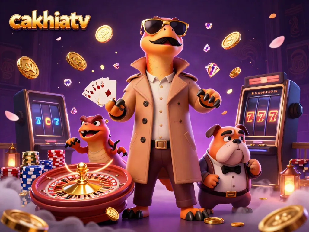 Experience cakhiatv live betting excitement with three raptors in a trench coat at a VIP casino lounge.