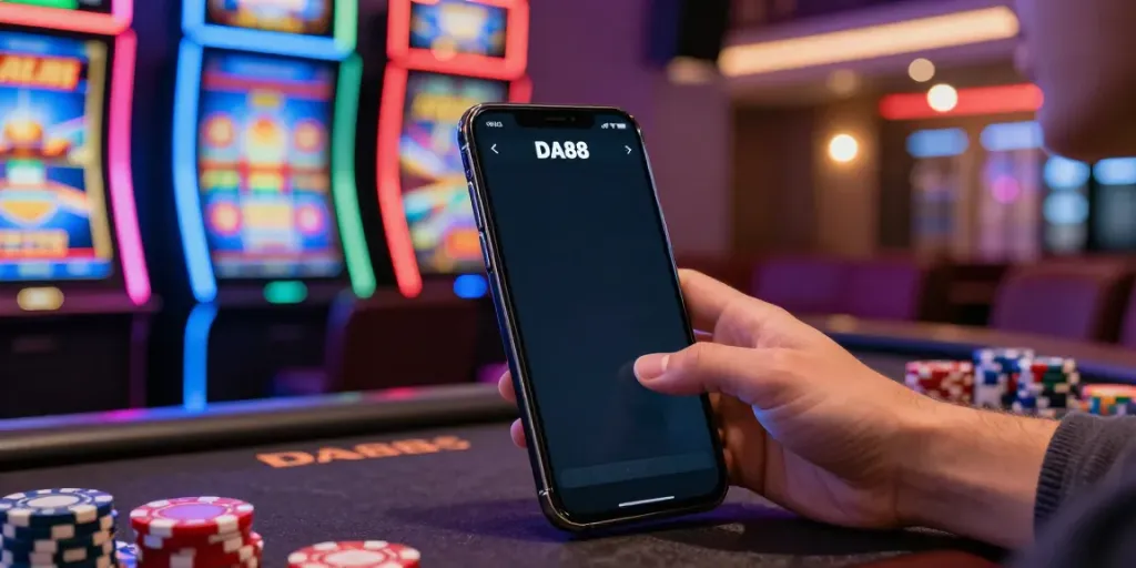 User enjoying the DA88 mobile gaming experience with vibrant casino elements.