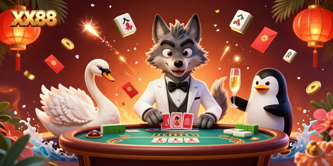 Experience thrilling Baccarat at XX88 with a debonair wolf dealer and elegant swan, surrounded by festive elements.