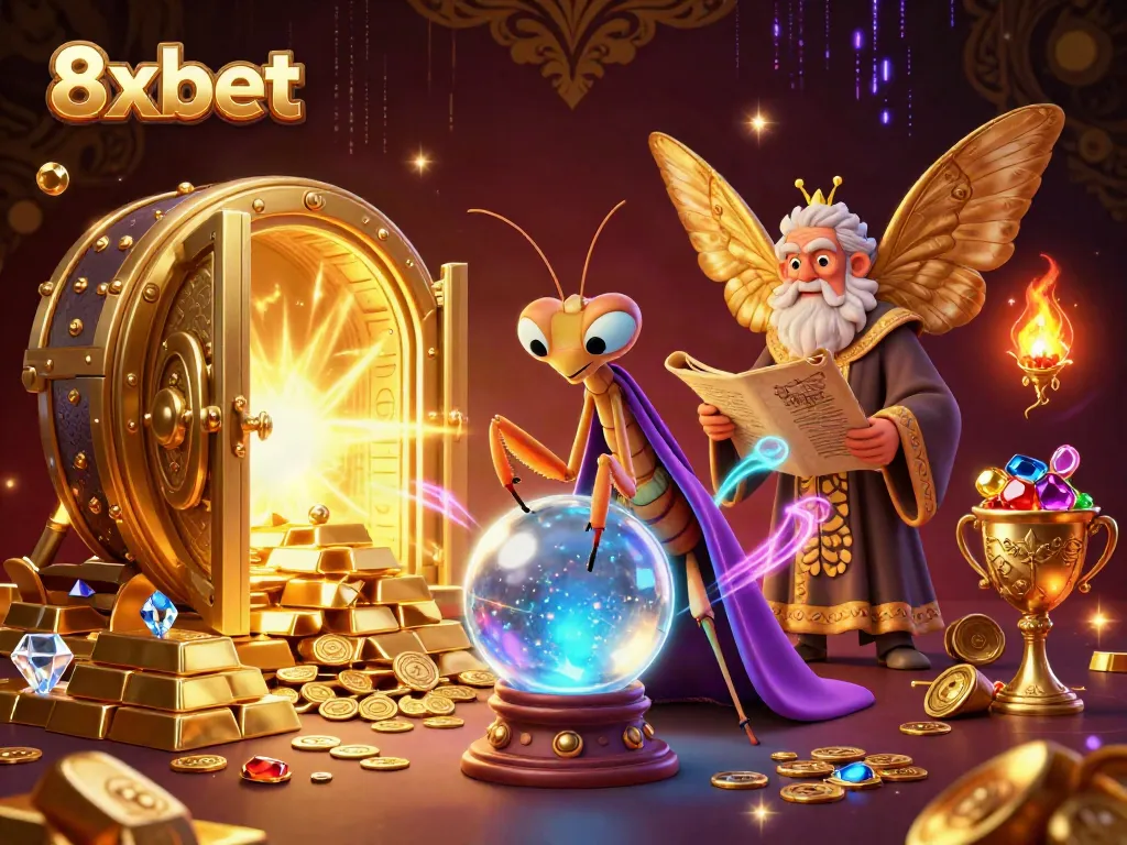 Experience the magic of 8xbet with a captivating 3D fortune teller scene surrounded by treasures and glowing gems.
