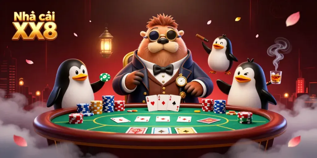 Engage in thrilling poker action with Nhà cái XX8, showcasing a jolly walrus and playful fish.