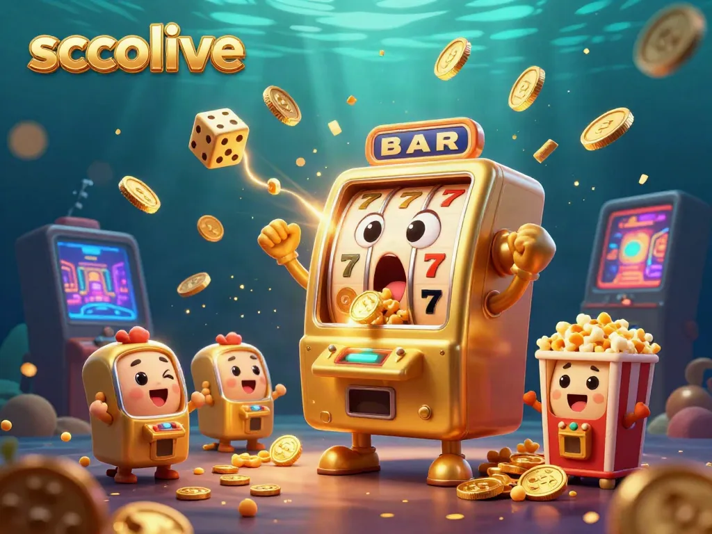 Socolive features a cartoon golden slot machine hitting a jackpot as coins spill out, celebrating all around.