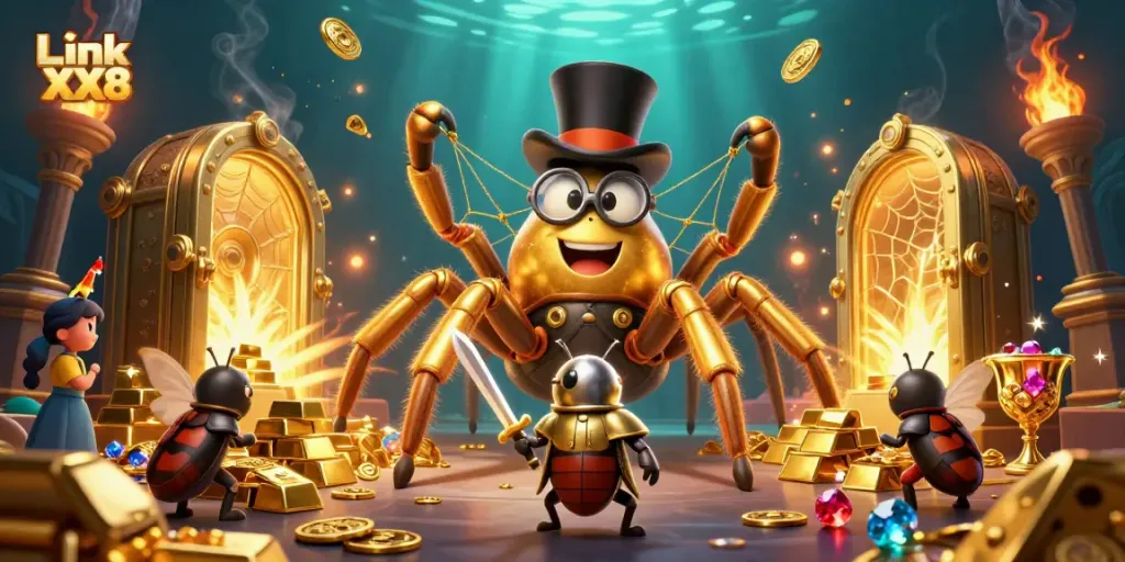 Engage with Link XX8 as a brave beetle knight approaches a golden tarantula in a vibrant casino scene.