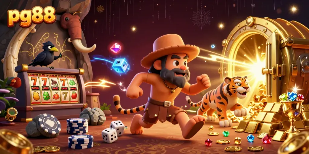 pg88 casino illustration showing a caveman and saber-tooth running a vibrant casino with slot reels and treasures
