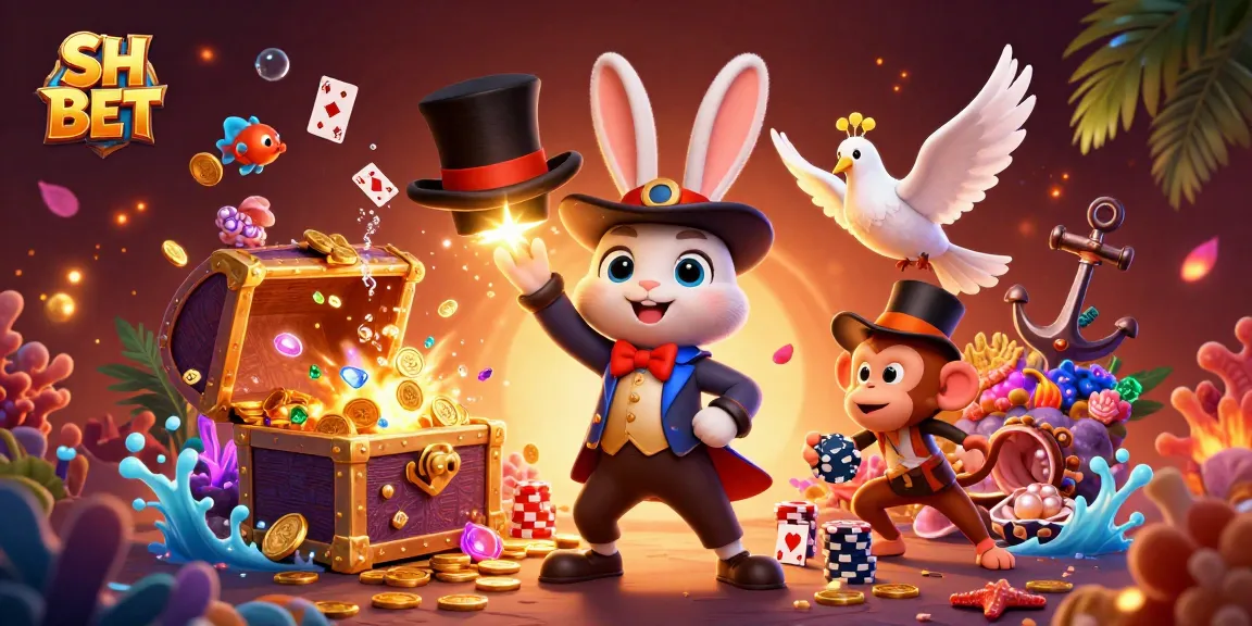 Win big with SH BET as the magician rabbit brings forth golden coins in this vibrant casino scene.