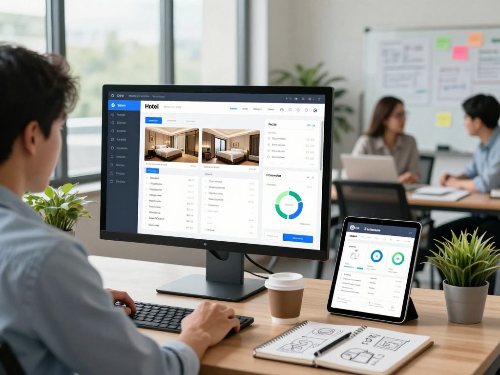 Hotel management software dashboard displayed in an office, illustrating efficiency in hotel operations.