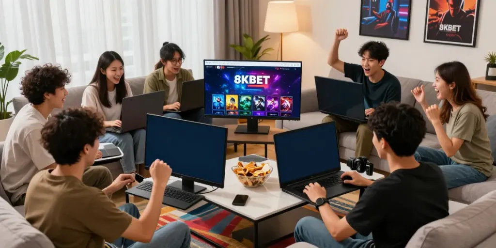 Exciting gaming night with friends exploring 8KBET's features in a cozy living room.