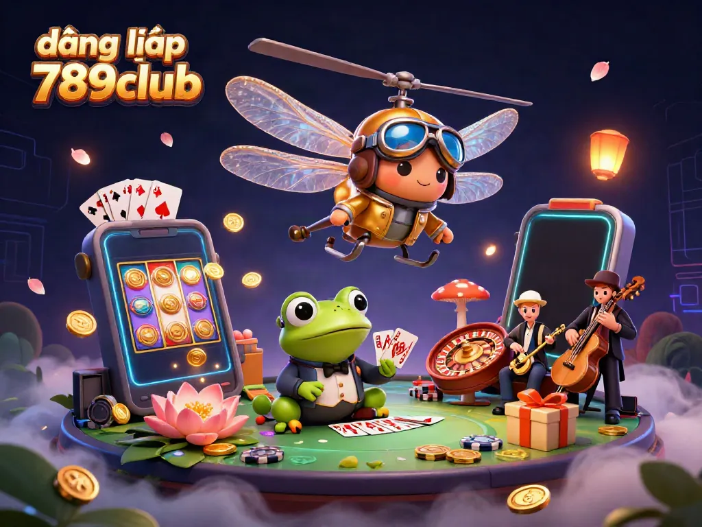 Engage with the vibrant world of đăng nhập 789club, showcasing a cartoon dragonfly pilot and a frog croupier amidst a lively casino scene.