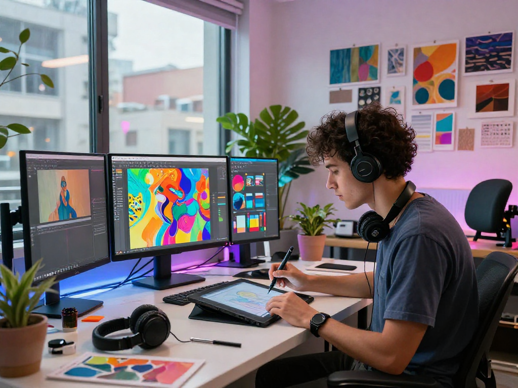 Creative artist working on digital artwork for nsfw ai in vibrant urban studio