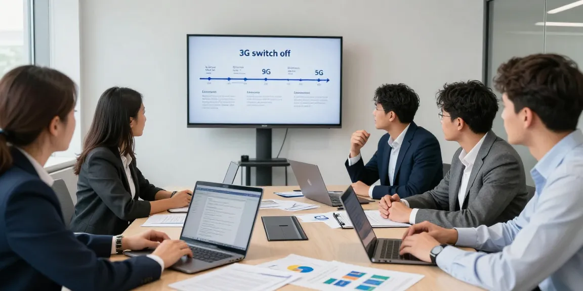 Business professionals discussing the 02 3G switch off impact in a modern office environment.