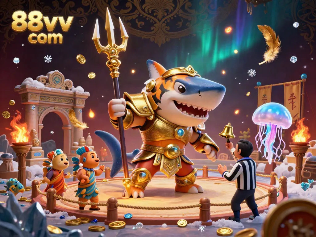 Engage with 88vv com in this vibrant scene of a tiger shark gladiator battling in a colosseum.