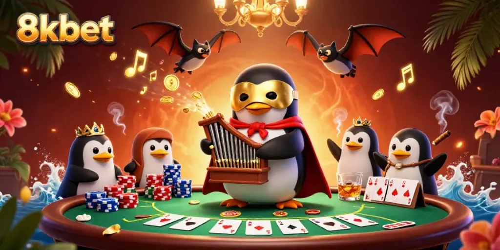 Experience thrilling moments with 8xbet: a vivid 3D scene blending card games and entertaining characters.