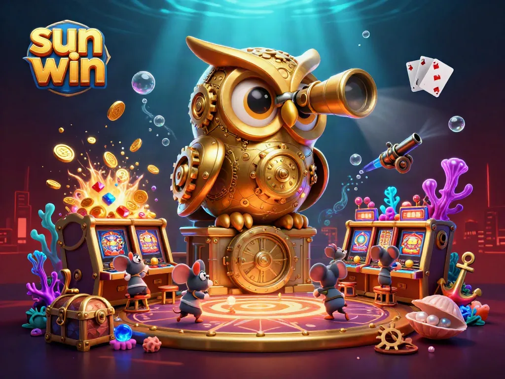 Experience the excitement of sun win with vibrant casino elements and adorable characters in a colorful 3D scene.