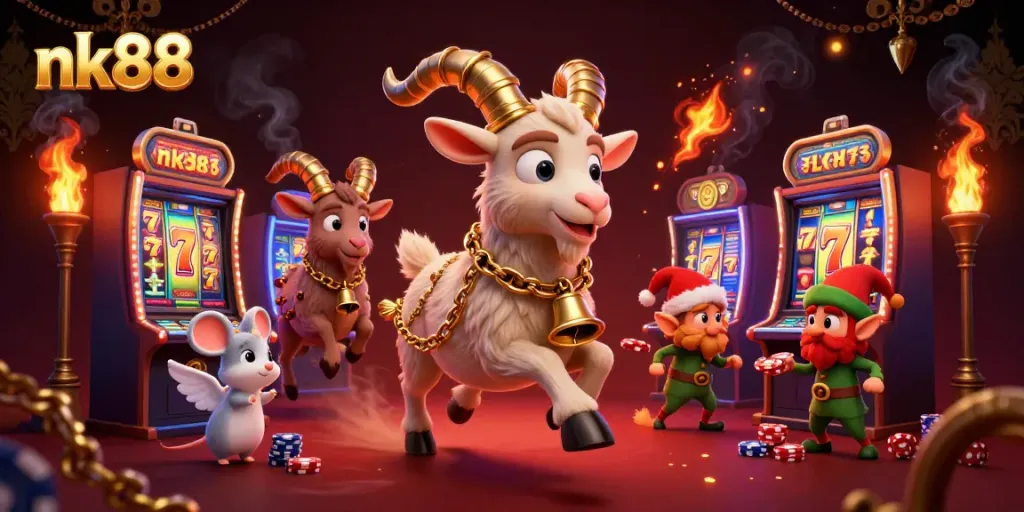 Nk88 holiday casino illustration featuring Krampus and elf gremlins on slot machines, creating a festive scene.