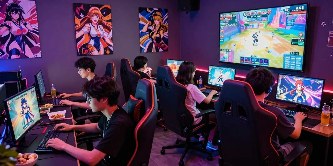 Engaged friends in a vibrant gaming lounge playing real ecchi games with colorful graphics and snacks.