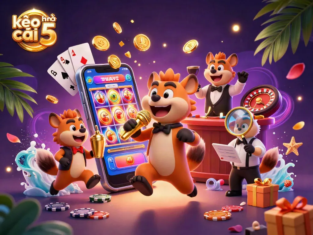 Experience exciting gameplay with kèo nhà cái 5 in this vibrant 3D casino scene featuring hyenas and slot games.
