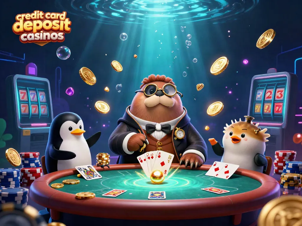 Engage with exciting gameplay at credit card deposit casinos featuring a walrus, penguin dealer, and a pufferfish player.