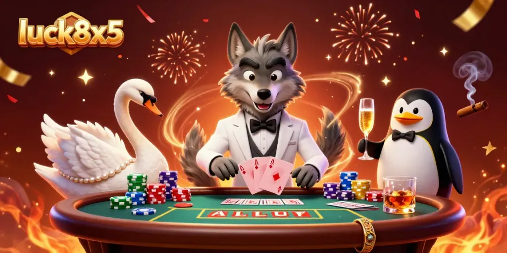 Experience the thrill of luck8x5 at an ultra-detailed online casino featuring a lively baccarat table scene.