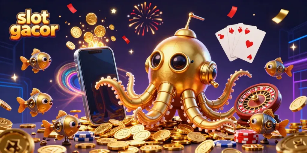 Mainkan slot gacor dengan ilustrasi 3D kartun, kraken emas, dan banyak koin emas berkilauan.