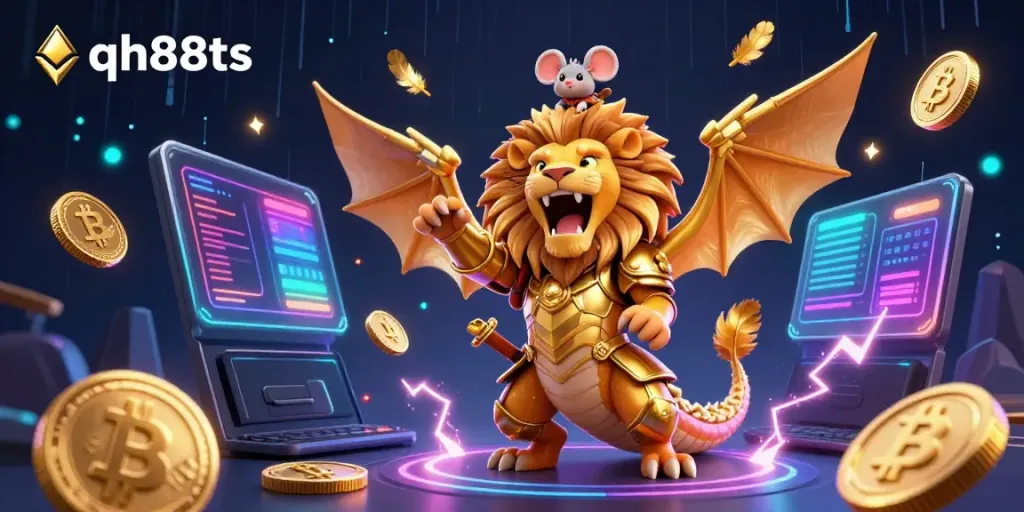 Engage with the immersive casino experience at qh88ts, featuring a chimera creature and vibrant crypto elements.