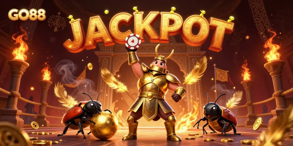 GO88 beetle hero celebrates a casino victory with a jackpot display in this vibrant gaming scene.